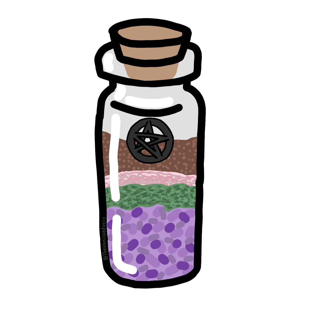  a small glass bottle with a corked stopper in it. it has colorful layers representing herbs. it has a pentacle on the upper part of the bottle.